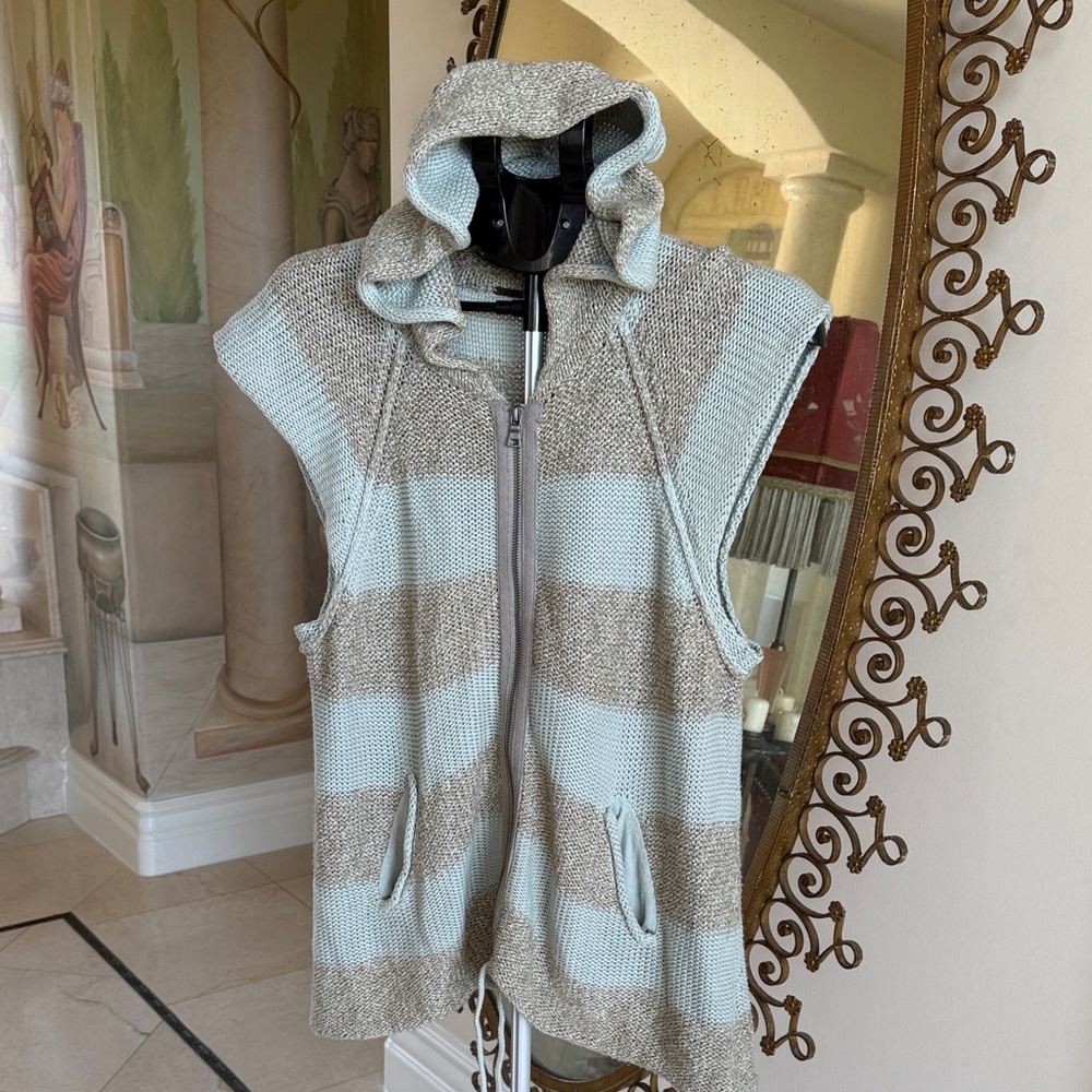 Striped Hooded Knit Vest in Light Blue and Beige